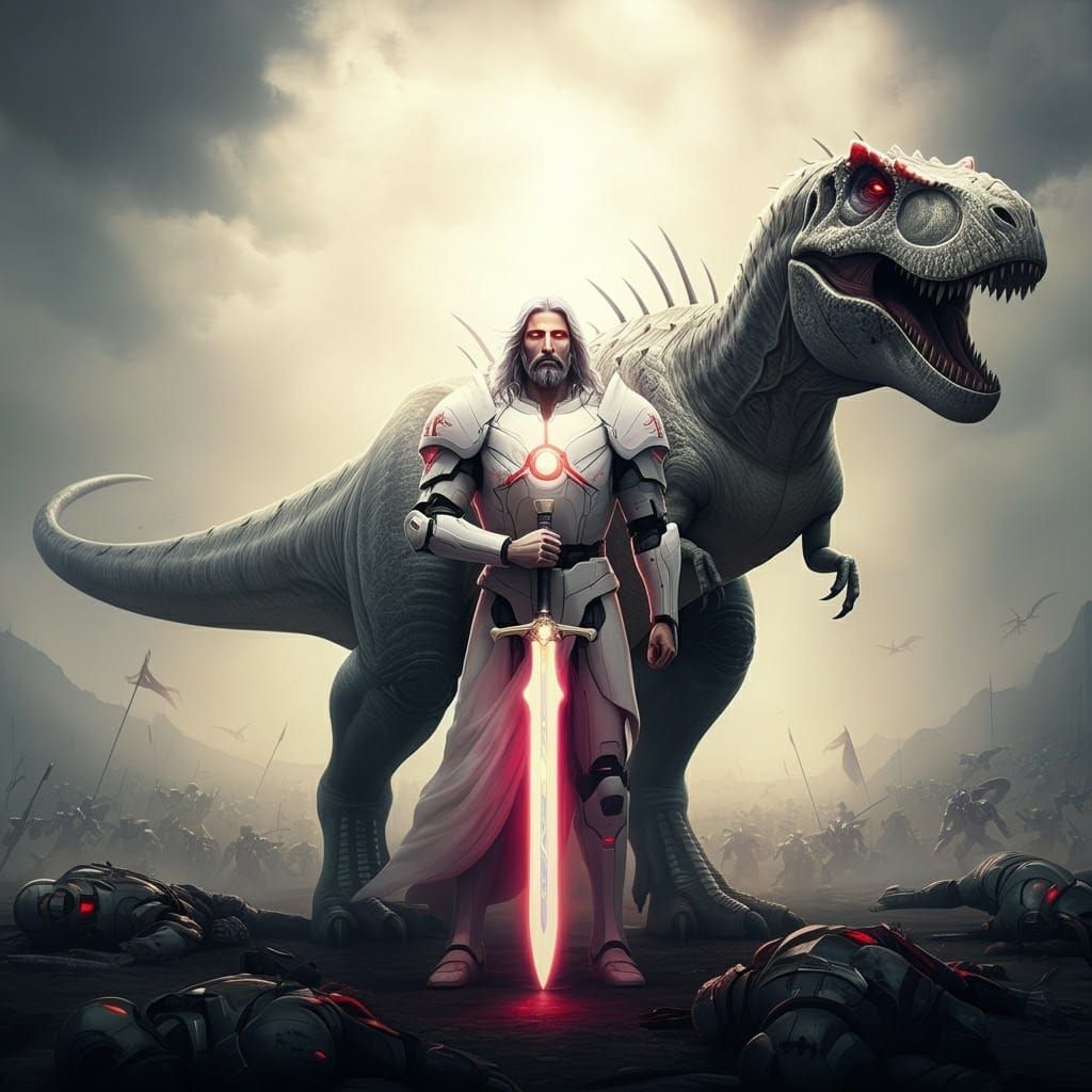 Jesus Christ as Warrior with T-Rex in Sci-Fi Art