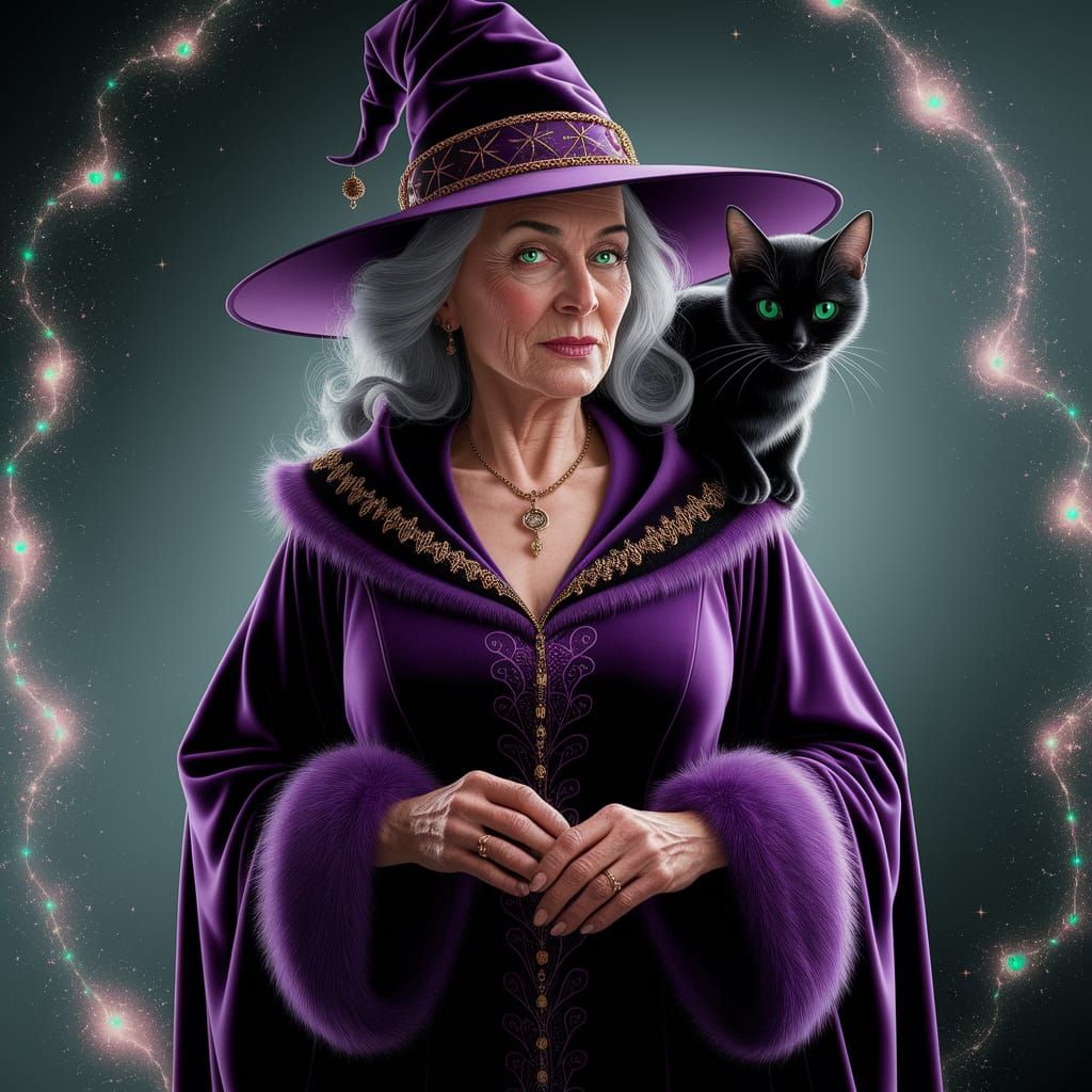 Elegant Witch in Deep Purple Robe, Surrounded by Whispers of...