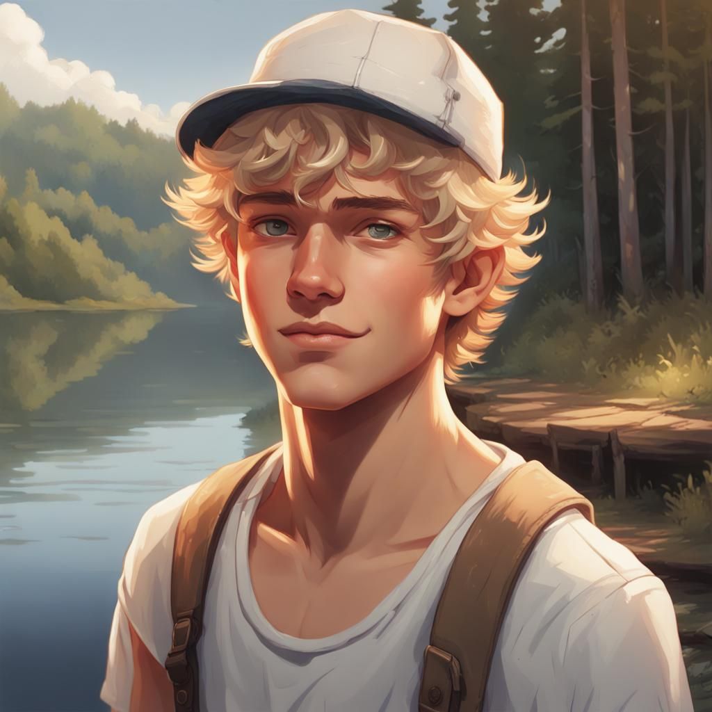 Teenage Boy Portrait Near Lake, Detailed Digital Art