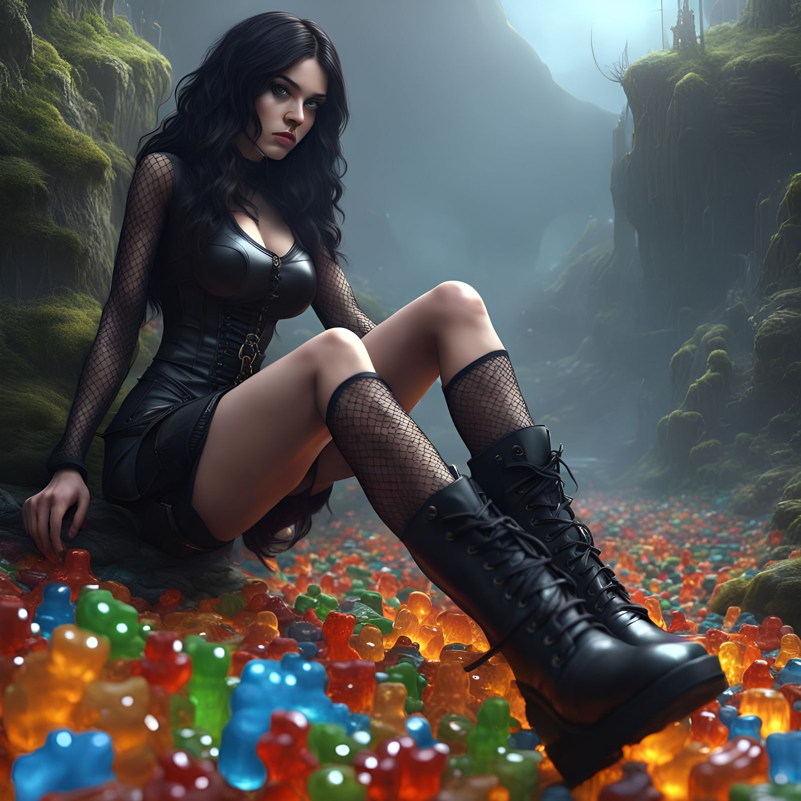 Goth Girl with Gummy Bears: Detailed Matte Painting