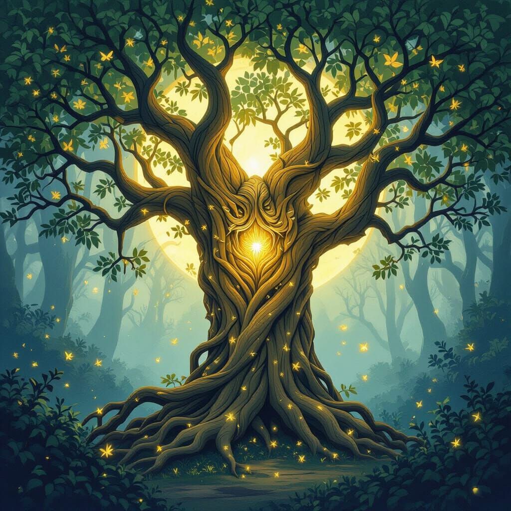 Glowing Treant in Enchanted Forest, Art Nouveau Style