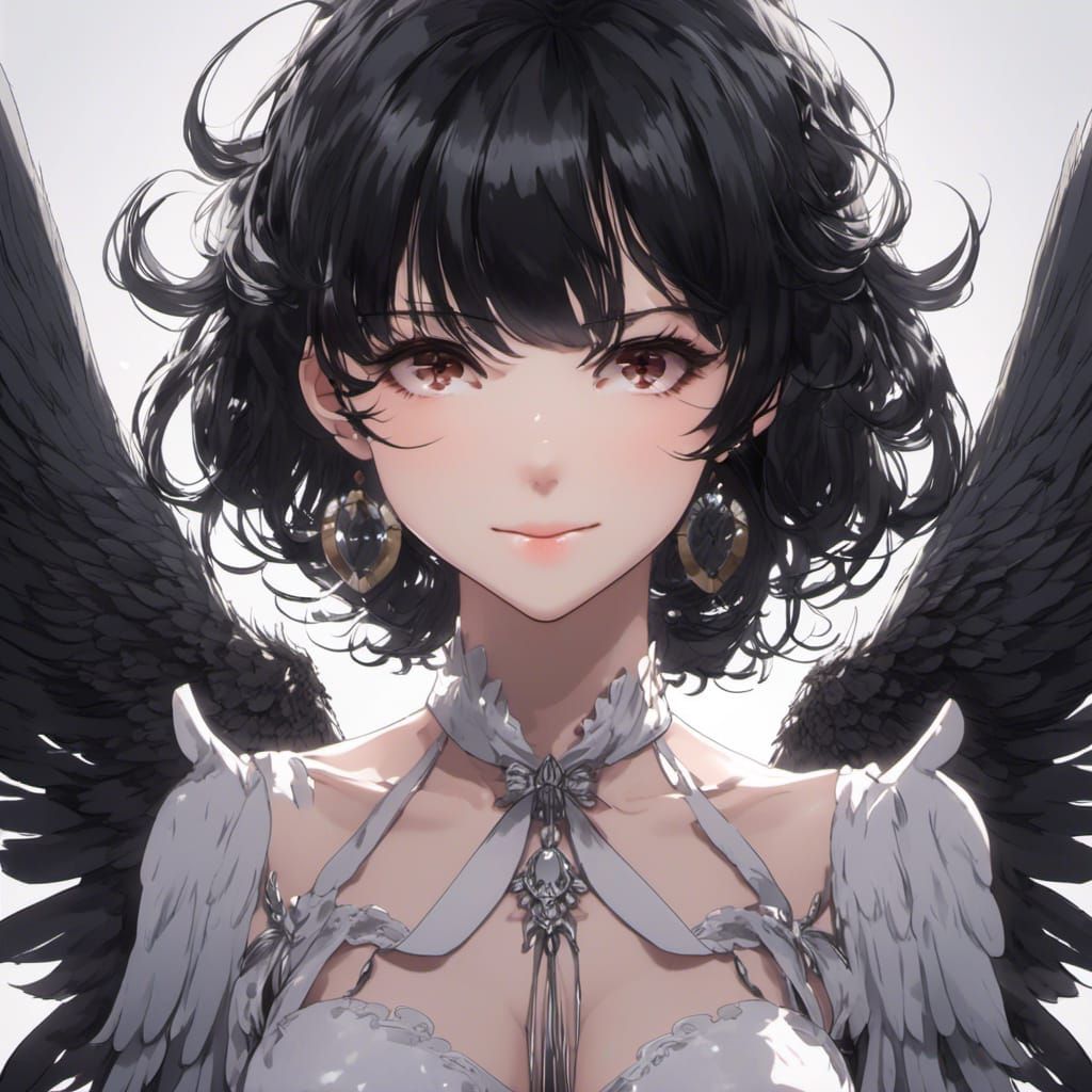Anime Angel Woman with Short Black Hair