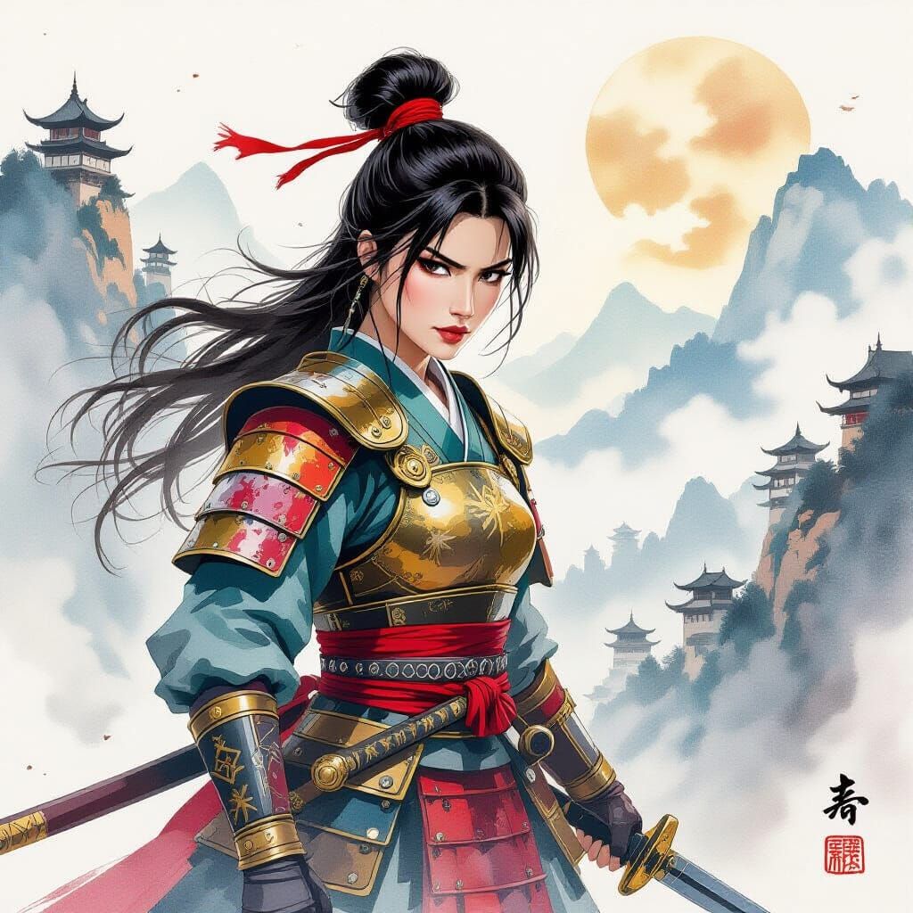 Female Warrior in Japanese Armor on Misty Mountain