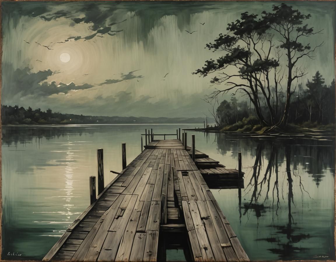 Moonlit Dock in Gothic Oil Painting Style