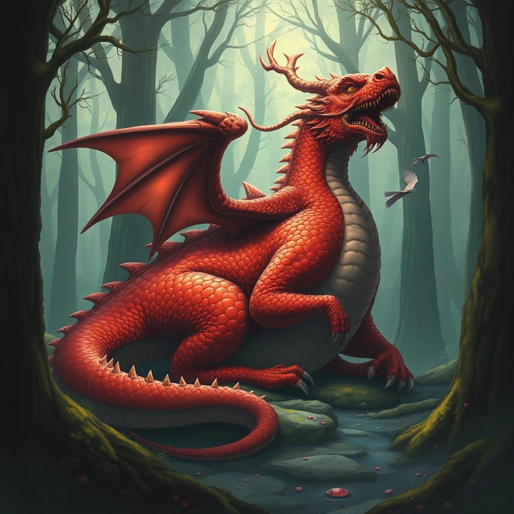 Obese Red Dragon Lounging in Mystical Forest