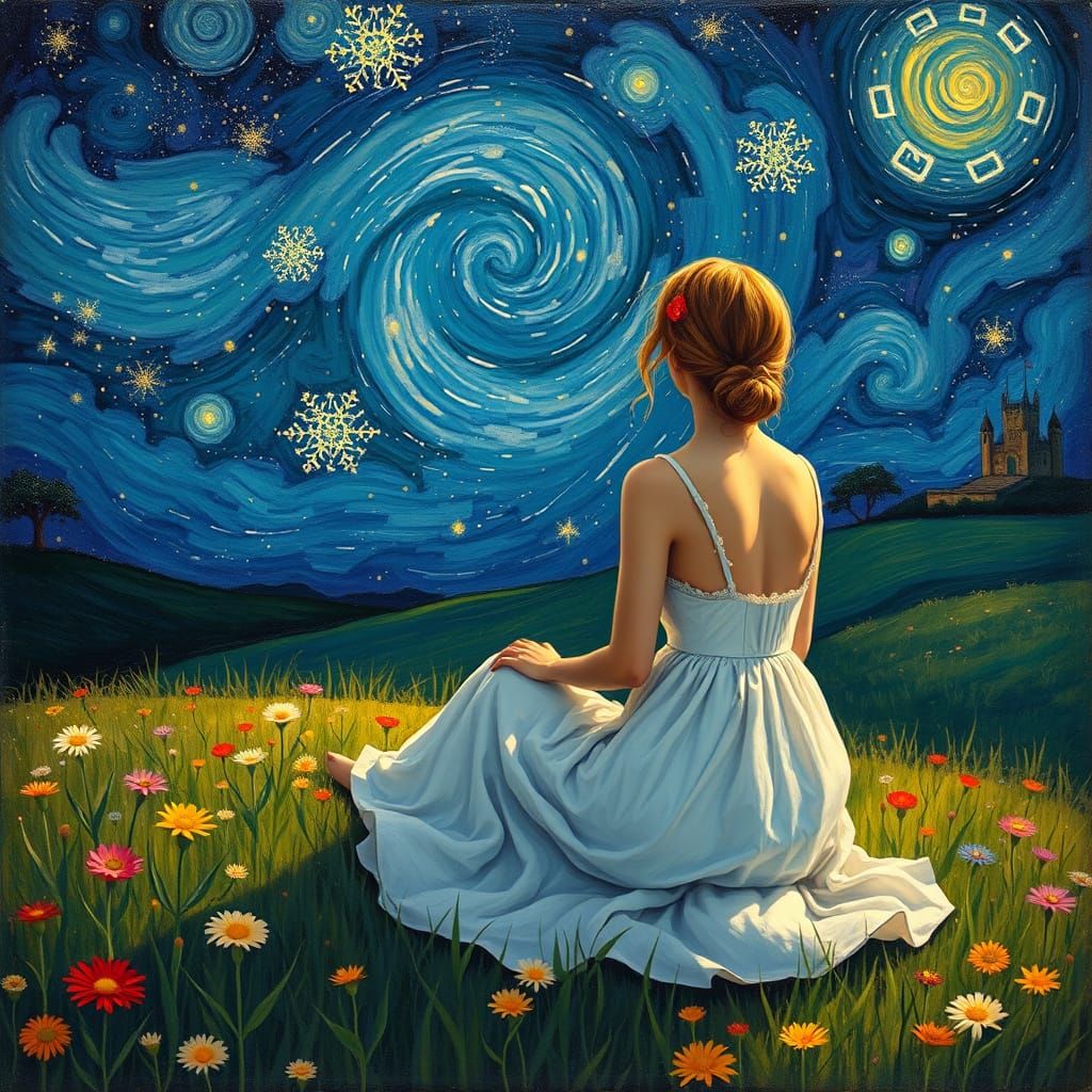 Woman Gazing at Starry Sky in Flower Meadow