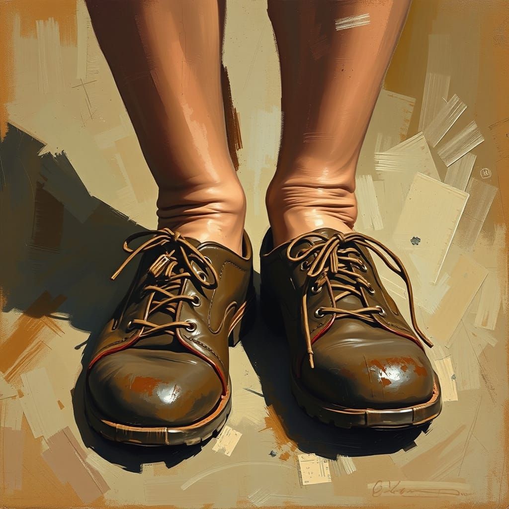 Human Feet in Worn Leather Shoes in Expressive Style