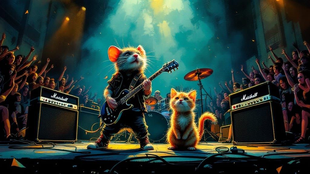 Mouse and Kitten Rock Band on Stage, Comic Book Style