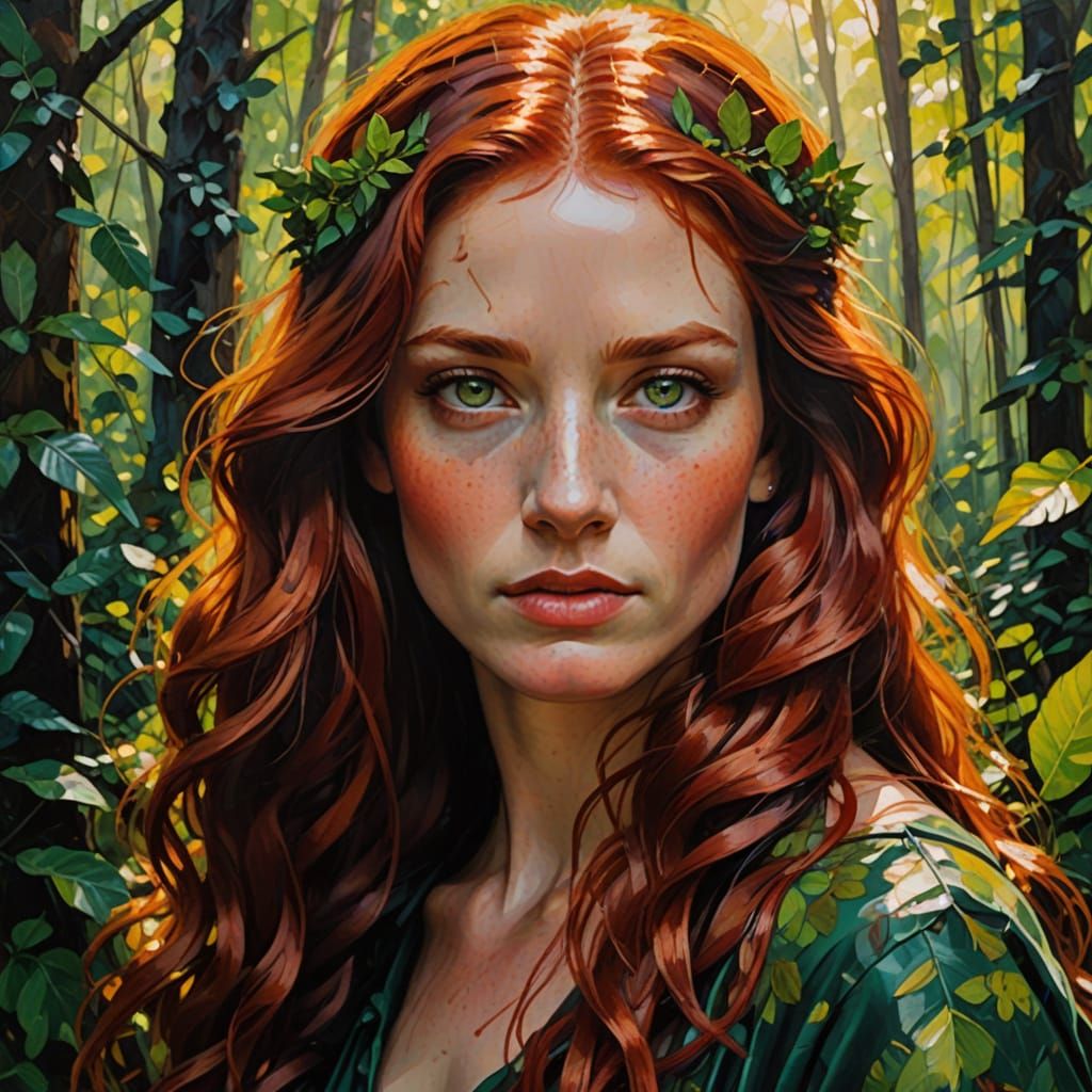 Surreal Amazonian Goddess with Vibrant Red Hair and Emerald ...