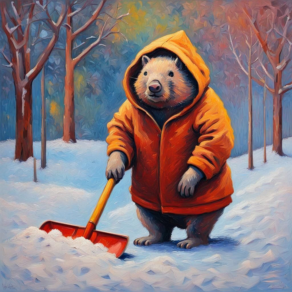 Wombat Shoveling Snow: An Expressionist Oil Painting