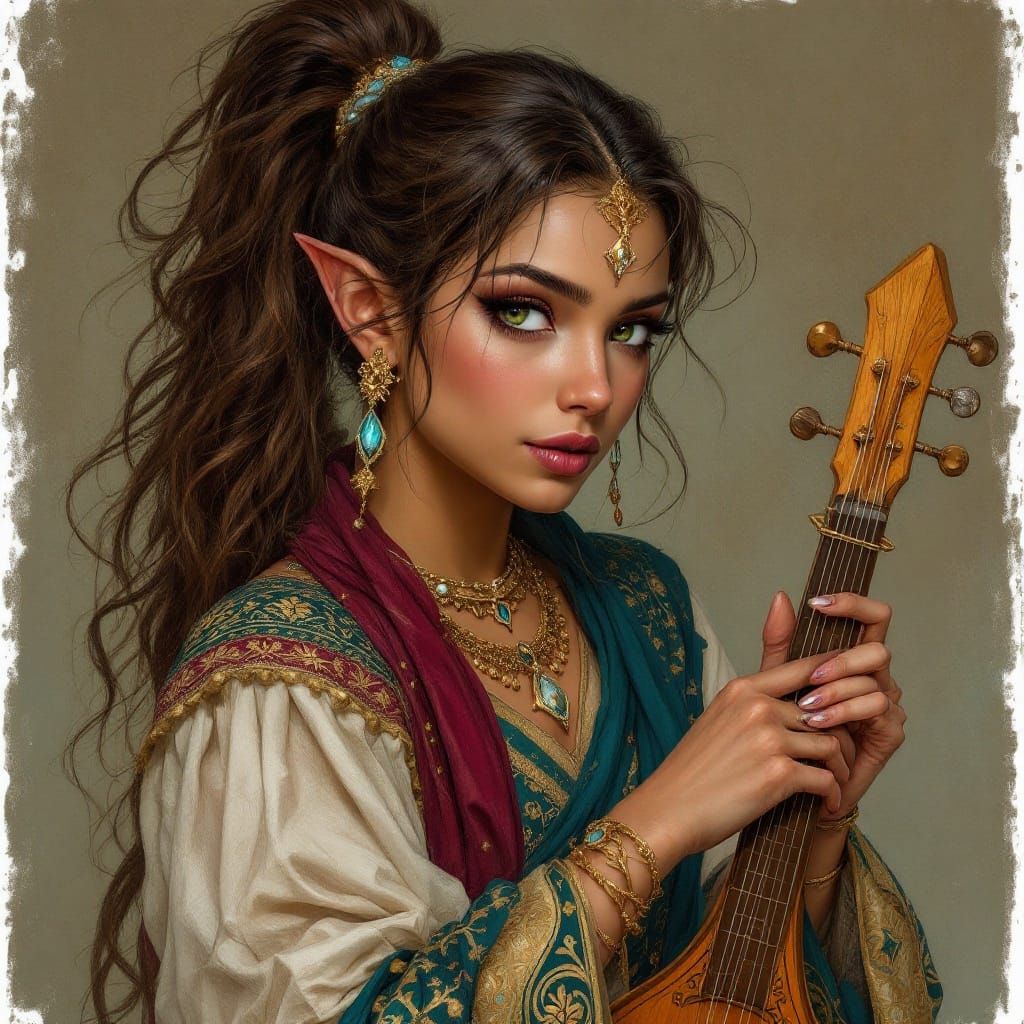 Ethereal Half-Elf Bard in Persian-Inspired Regalia