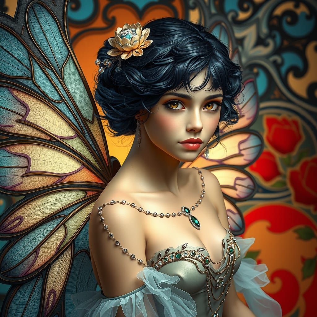 Art Nouveau Fairy with Blue Hair