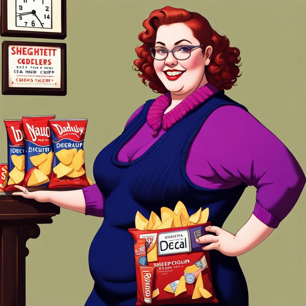 Plus Size Woman Posing with Chips, Digital Painting