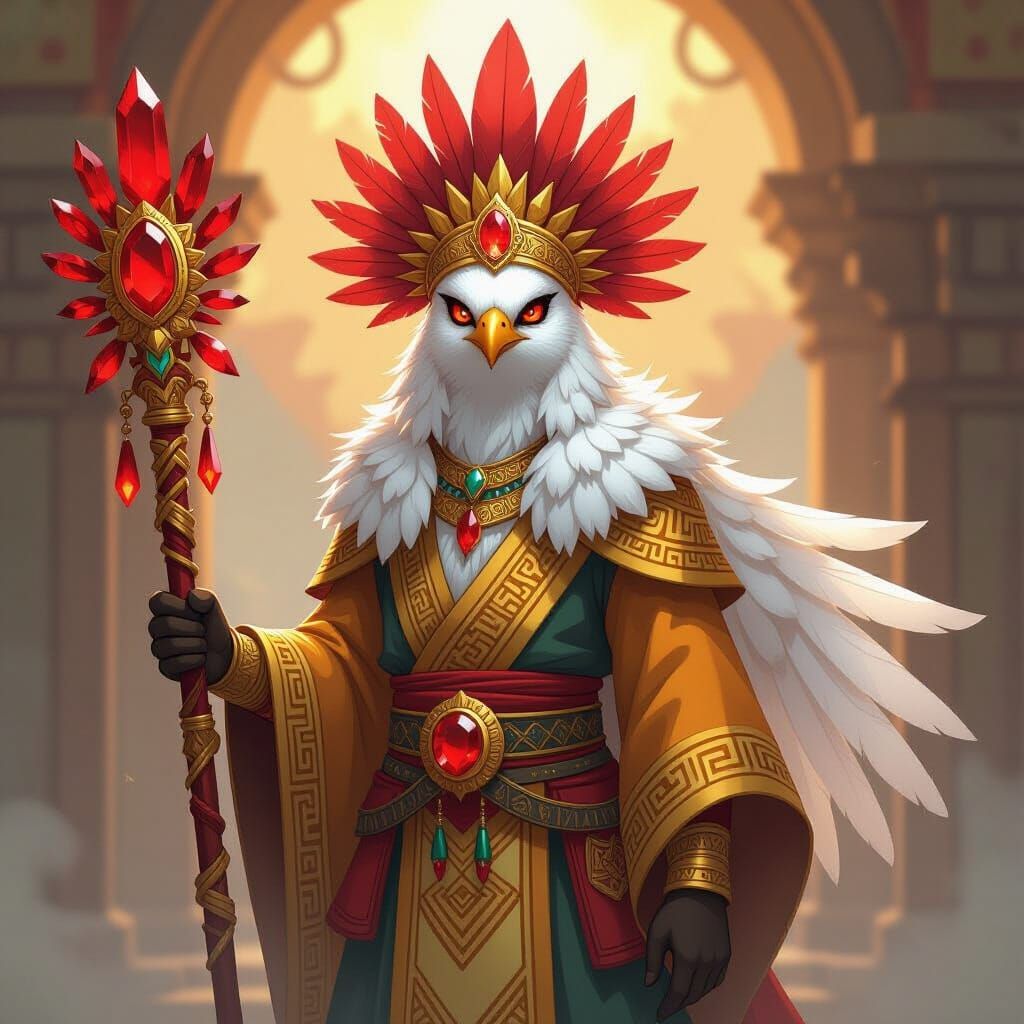 Pagan Avian Priest in Aztec Robe, Anime Style