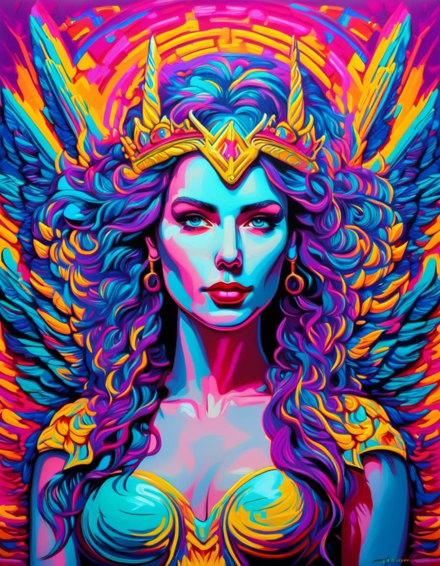 Neon Unicorn-Pegasus Hybrid in 80s Impasto Style