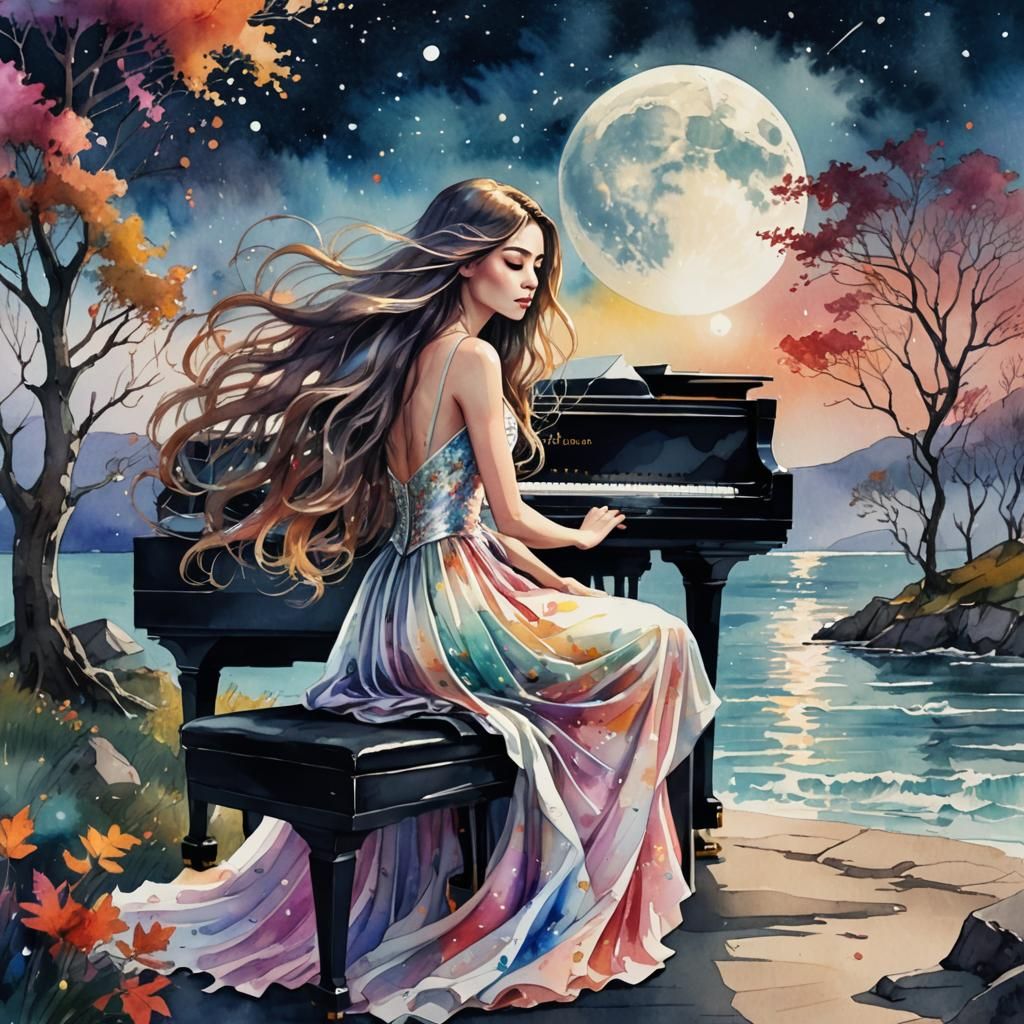 Girl at Piano on Moonlit Coast: Digital Art