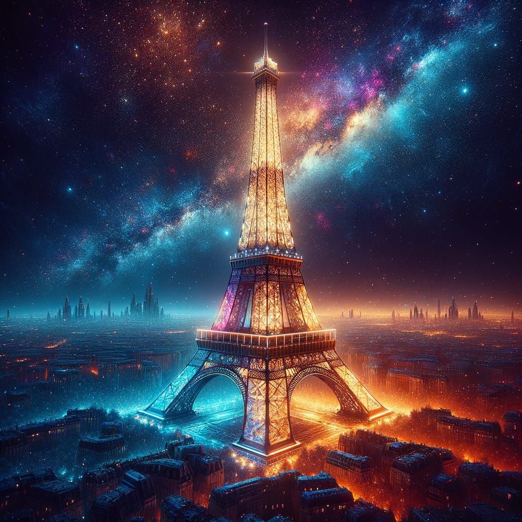 Eiffel Tower Illuminated at Night in Vibrant Contrast