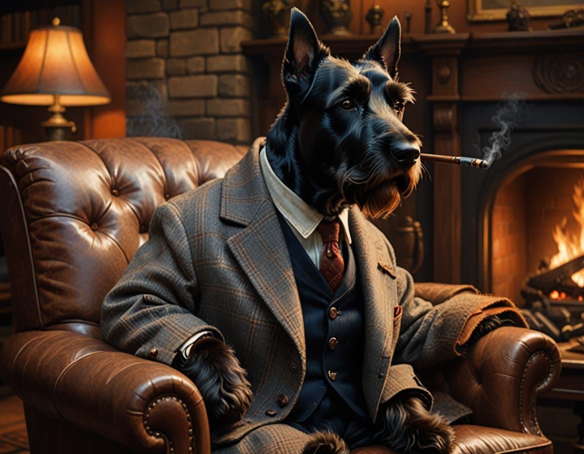 Scottish Terrier in Rockwell Style by Fireplace
