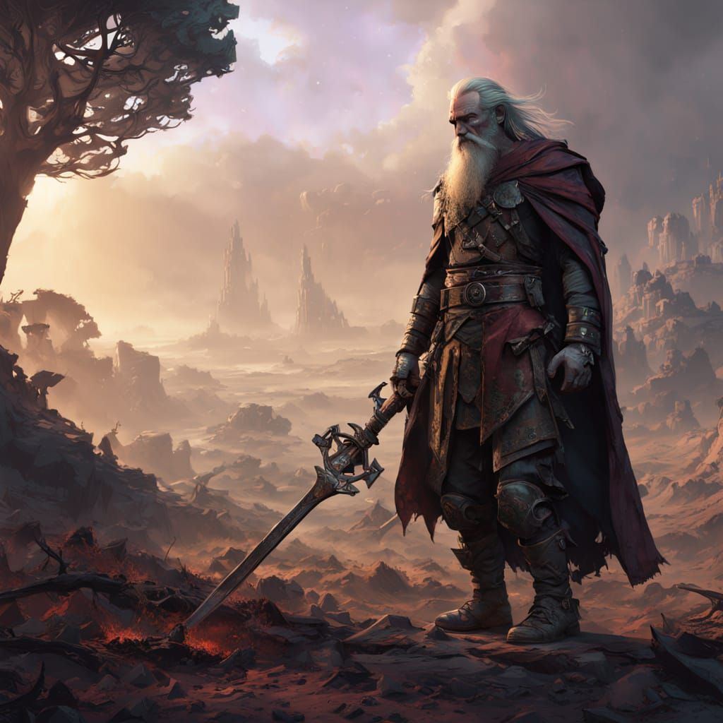 Celtic God of War NUADA in a Ravaged, Mystical Landscape