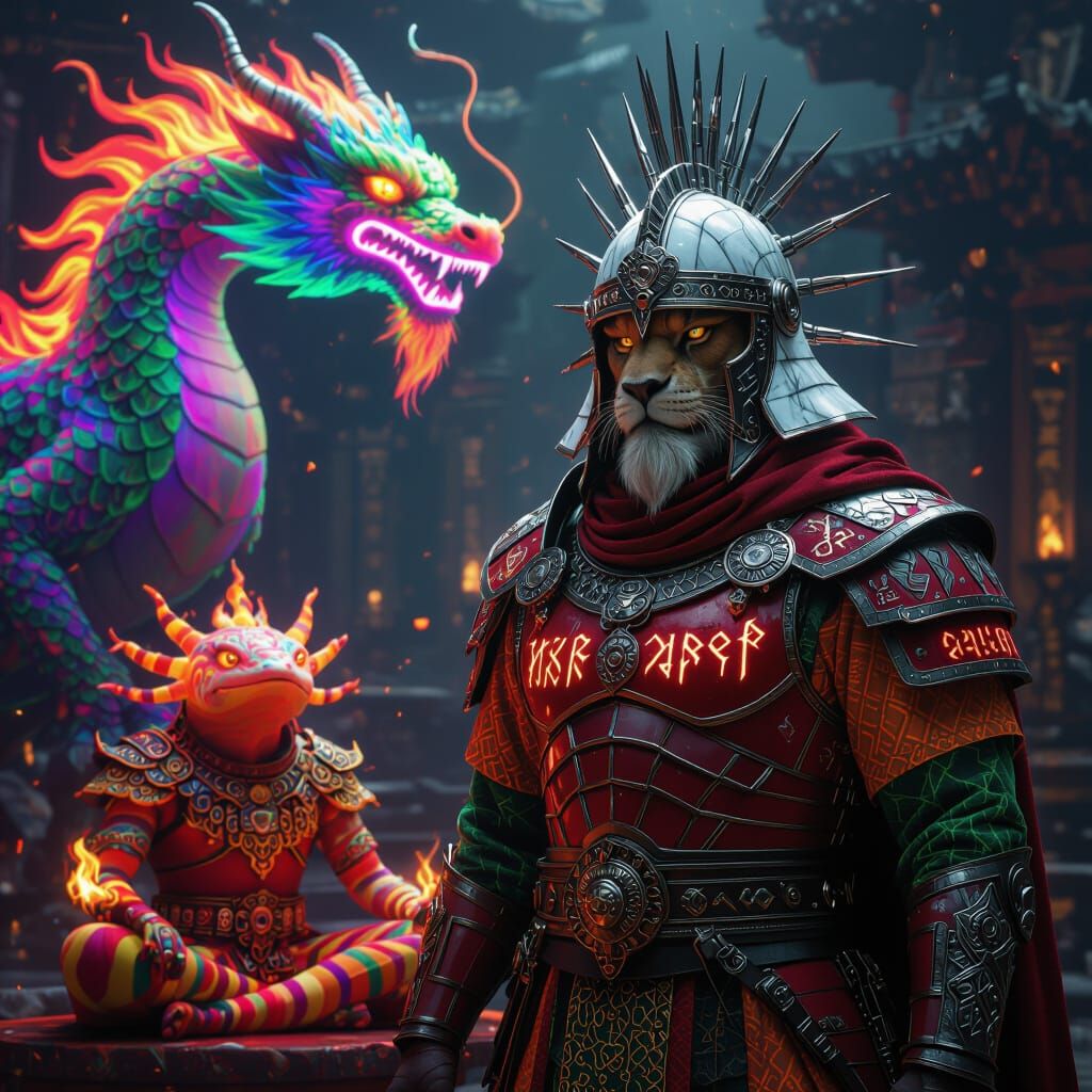 Emperor Lion Mage with Dragon and Axolotl Warlock