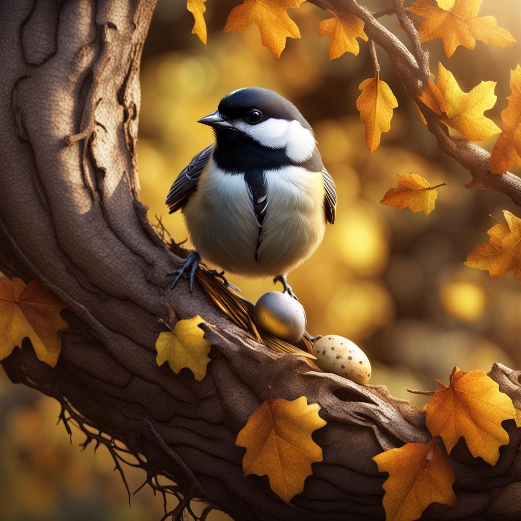 Photorealistic Chickadee Nest in Autumnal Oak, 3D Render