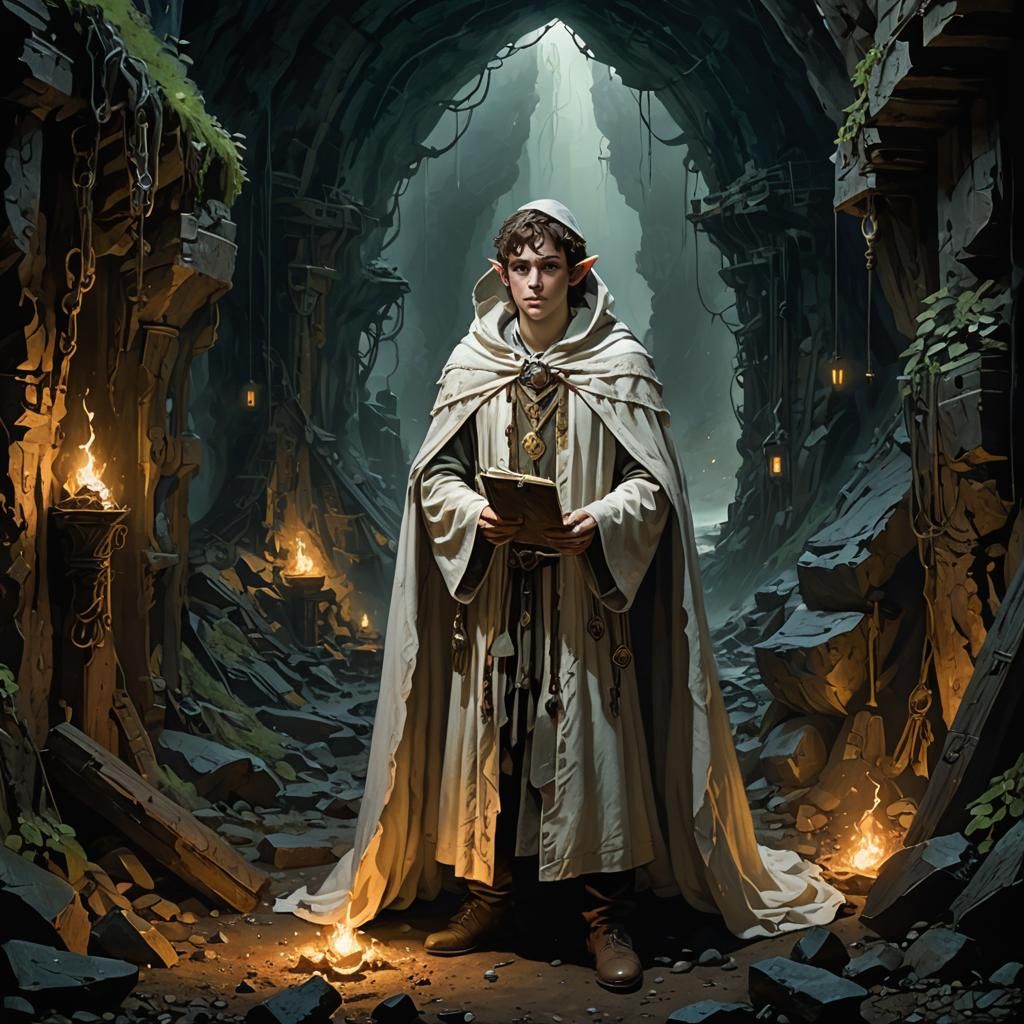 Elf Sorcerer at Mine Shaft with Mystical Light
