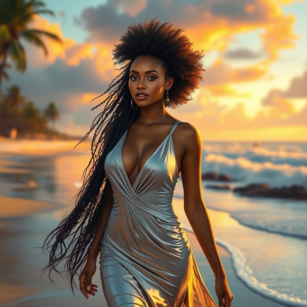 Ethereal Woman on Exotic Beach in Splash Art Style