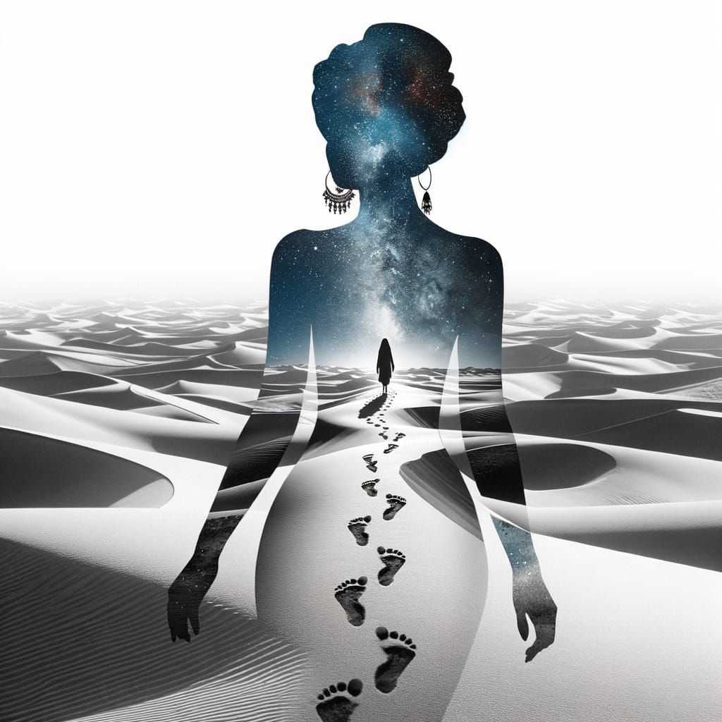 Surreal Silhouette: Desert Path in Kinetic Pointillism