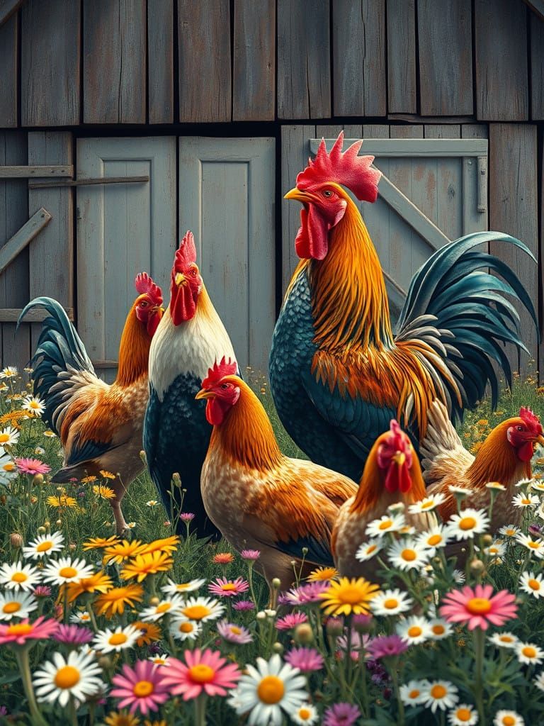 Rustic Farmhouse Rooster Amidst Vibrant Wildflowers and Dais...