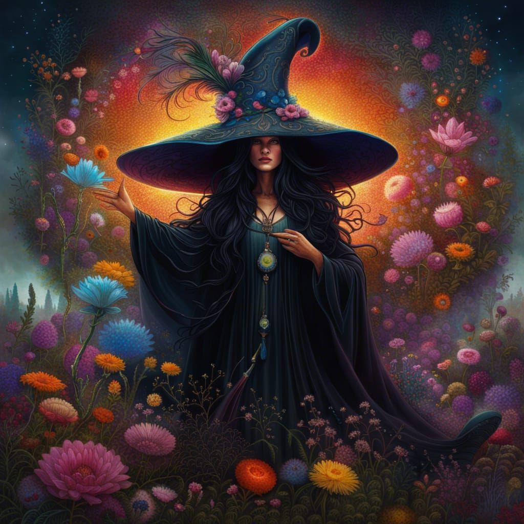 Enchanted Witch in Flower Meadow, Dark Fantasy Art