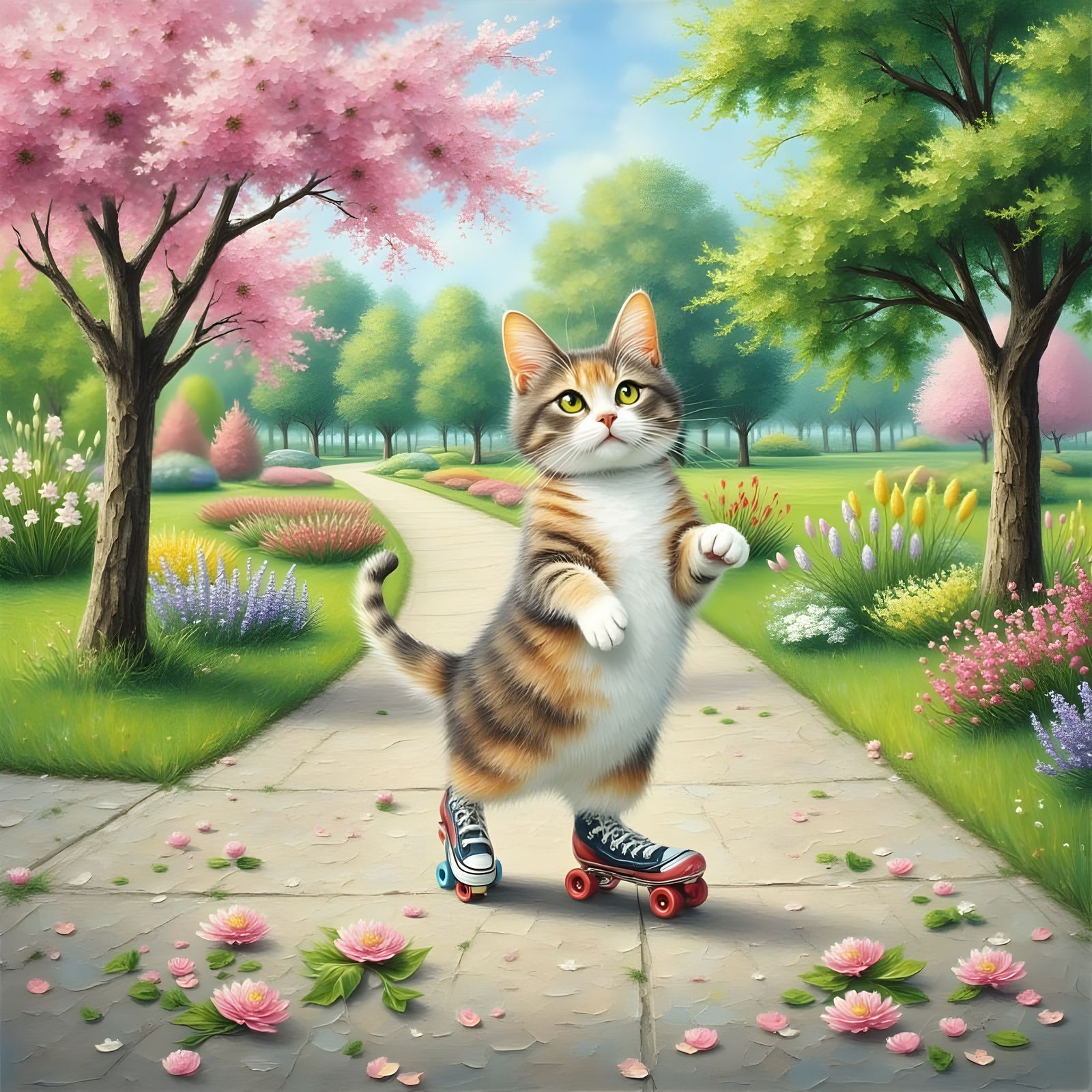 Impasto Roller Skating Feline in a Pretty Park