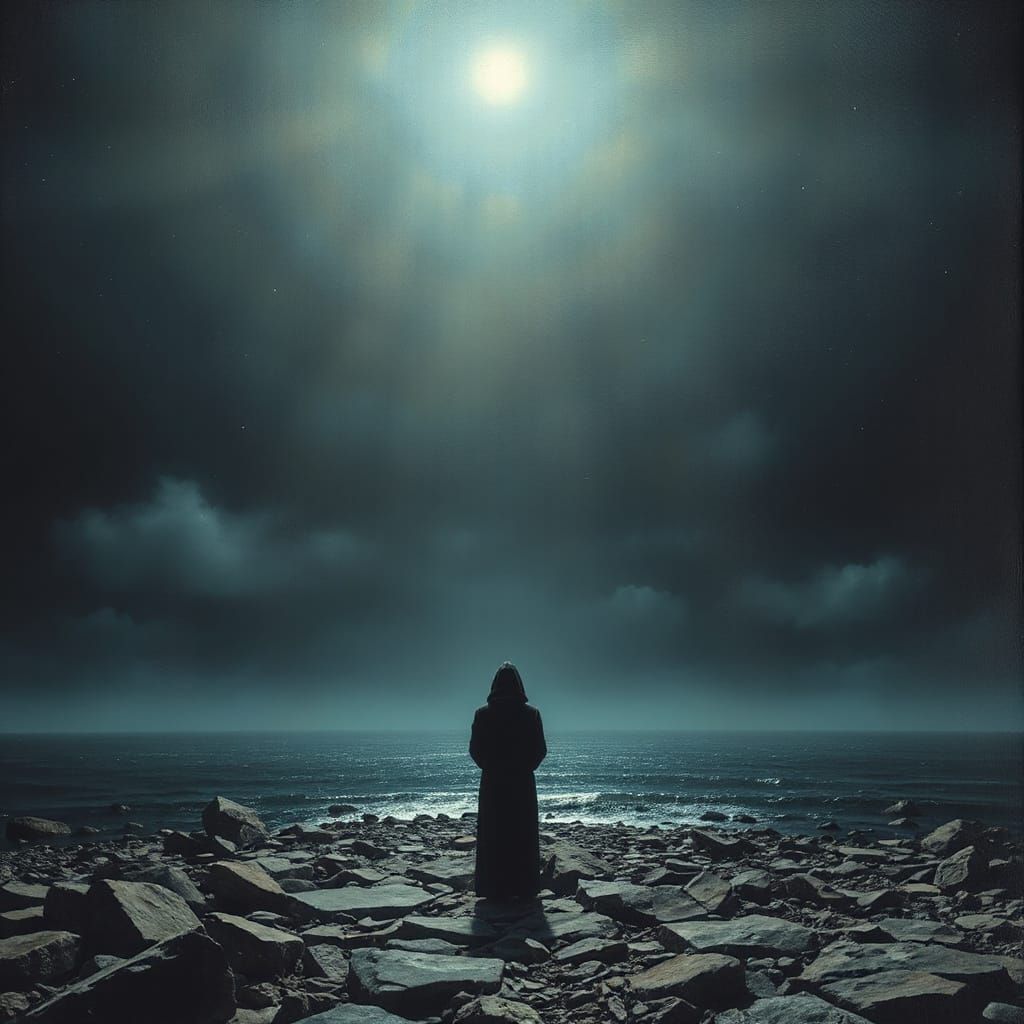 Lone Figure on Shore in Moody Oil Painting Style
