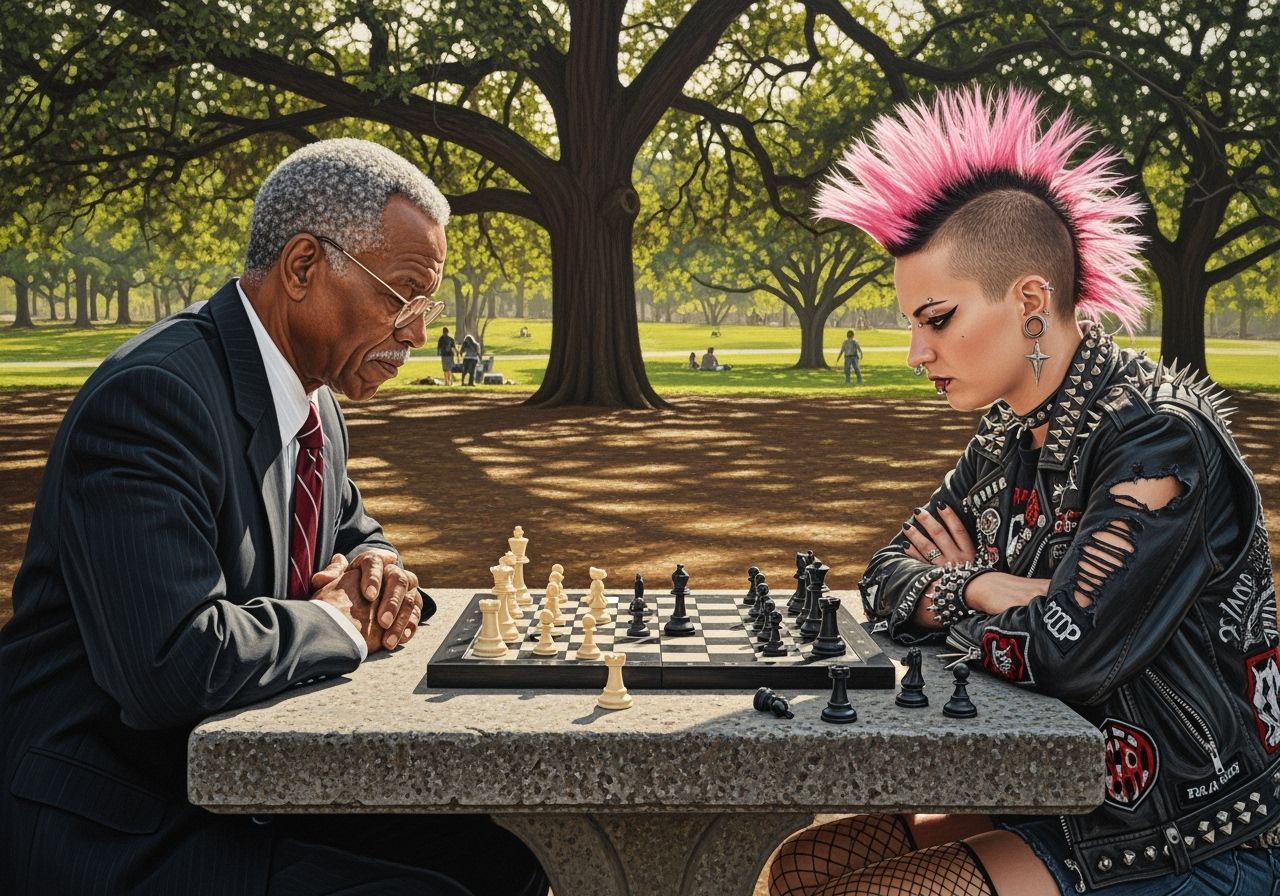 Elderly Man and Punk Woman Play Chess in Park