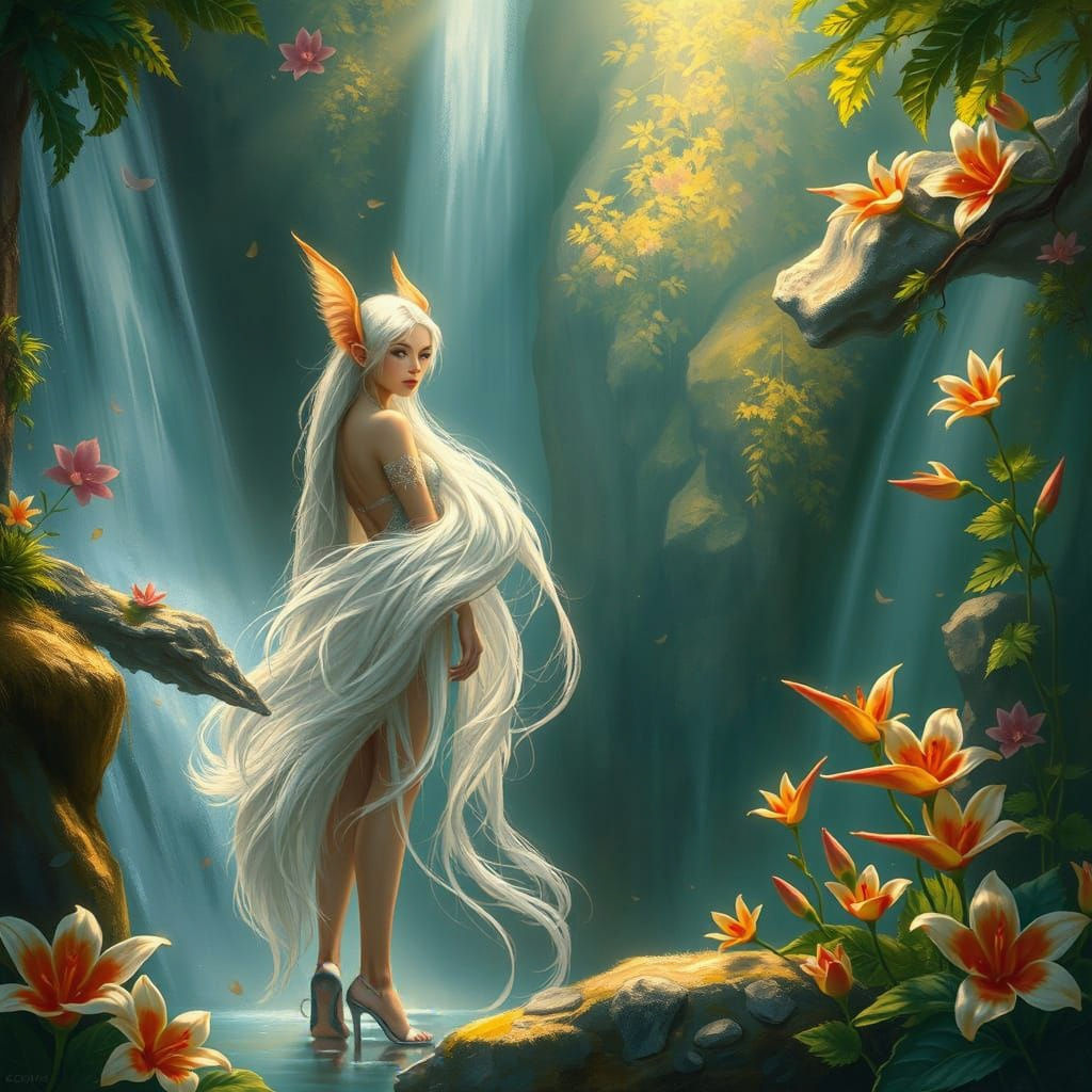 Ethereal Fantasy Elf in Misty Waterfall Glade