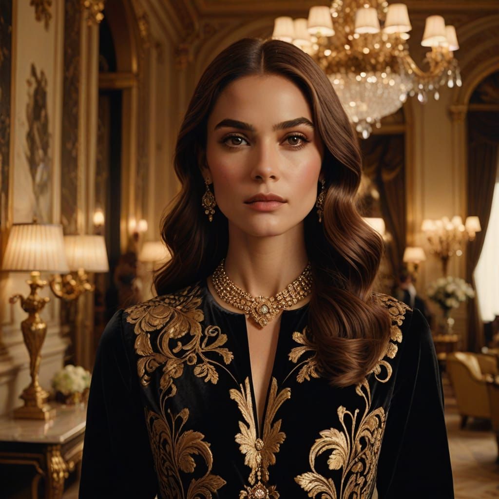 Elegant Woman in Luxurious Room with Golden Lighting