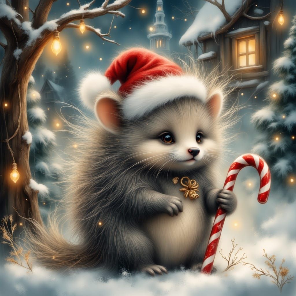 Cute Porcupine in Santa Hat with Candy Cane