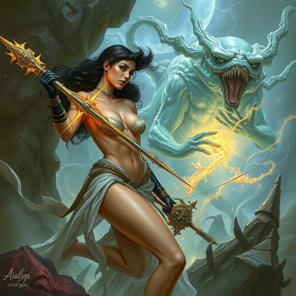 Mystical Woman Battles Slime Monster in Fantasy Art Style