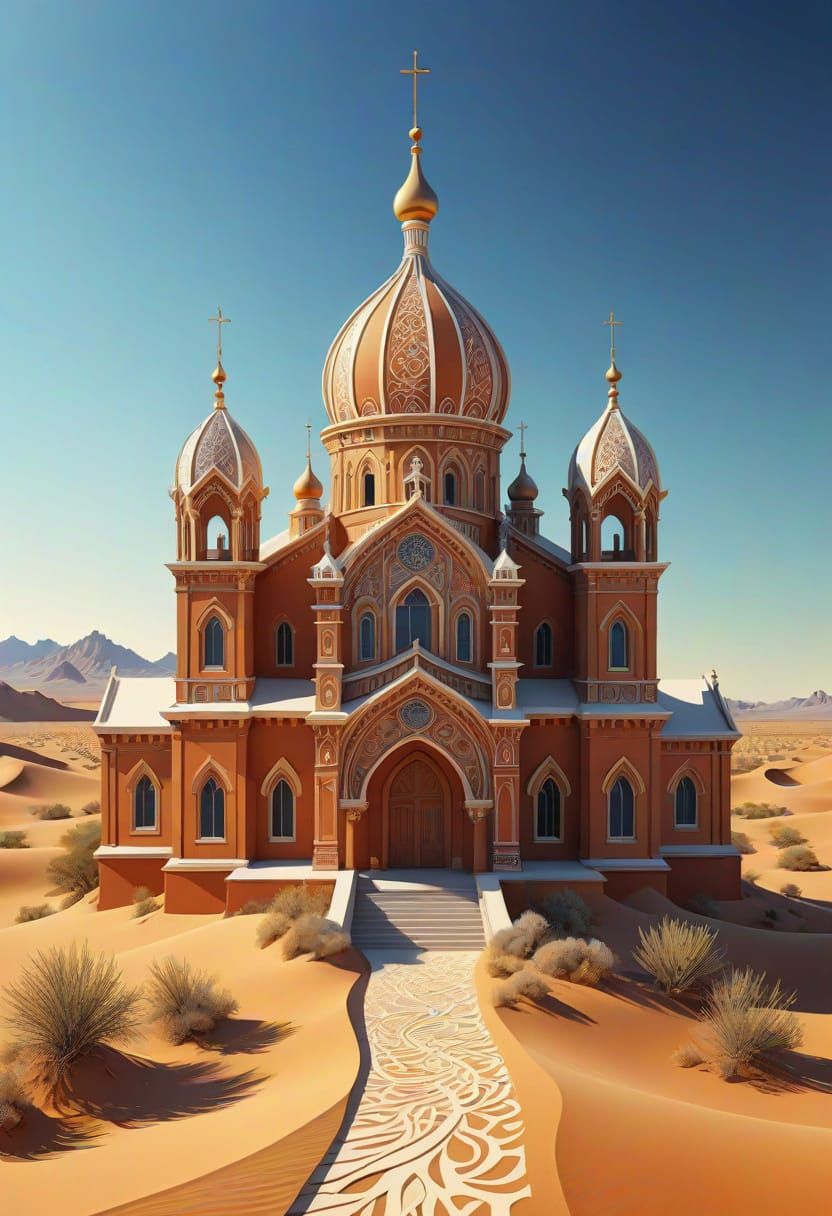 Elaborate Church in Desert, Gouache Detailed Painting