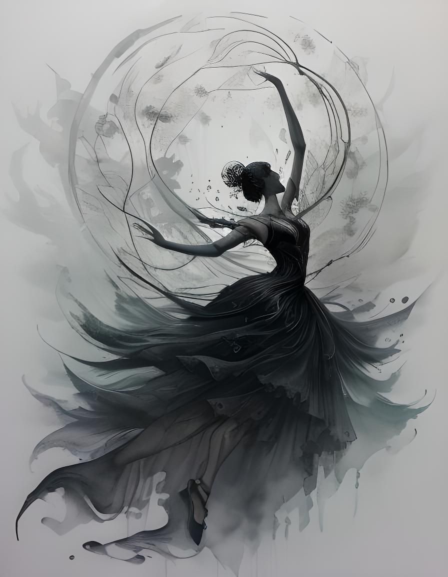 Ballerina Silhouette in Misty Forest, Double Exposure Waterc...