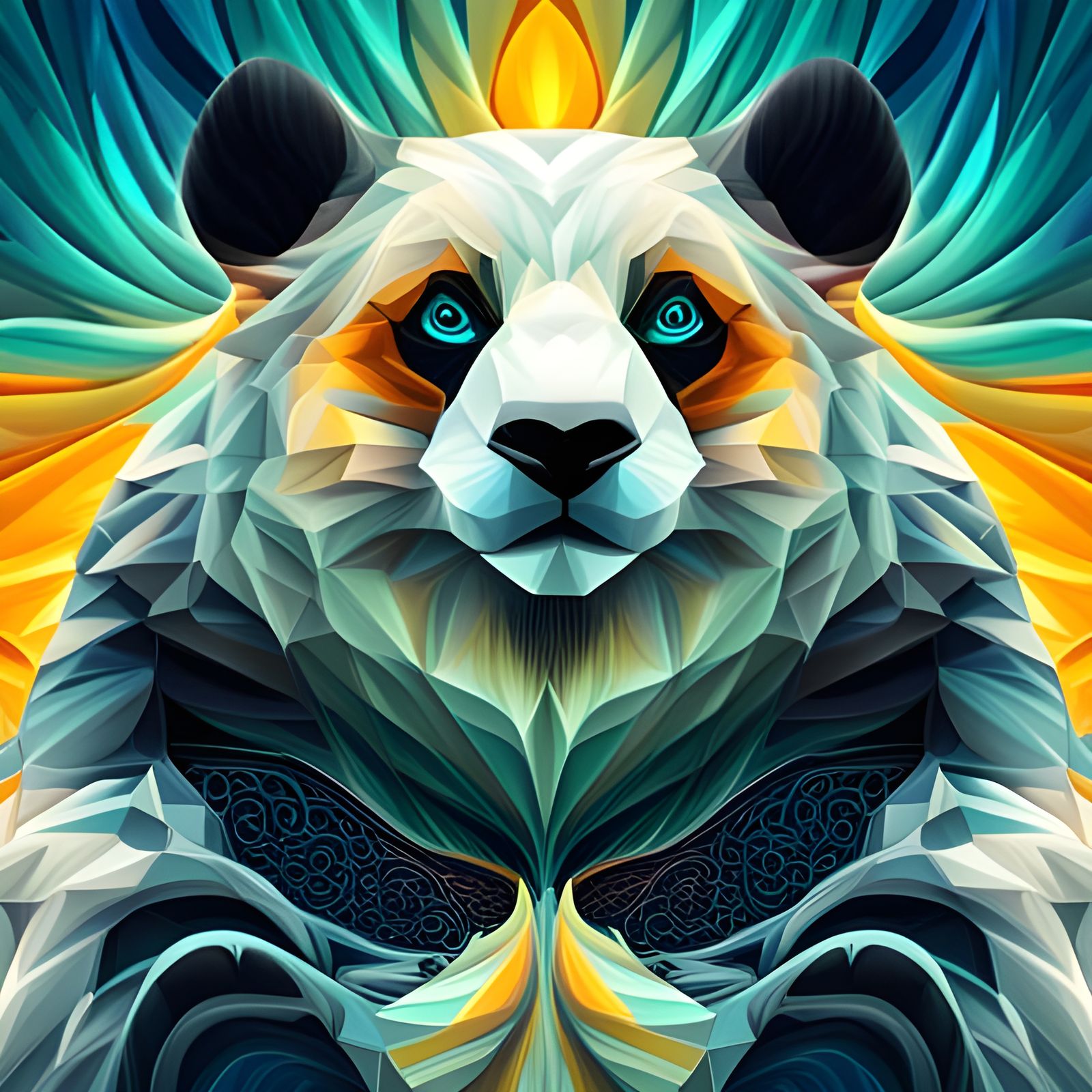 Fractal Mosaic Panda Bear in Ebru Art Style