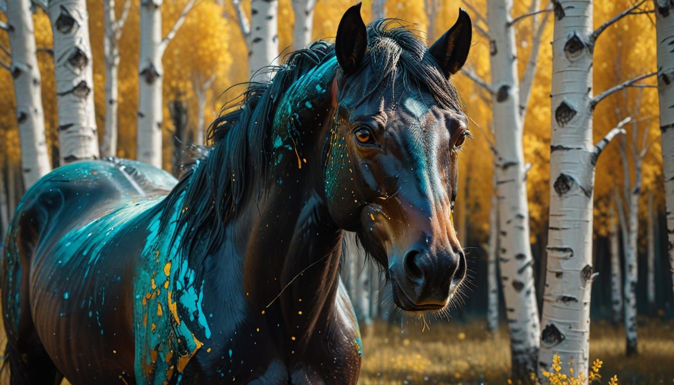 Muscular Horse Silhouette in Abstract Birch Forest