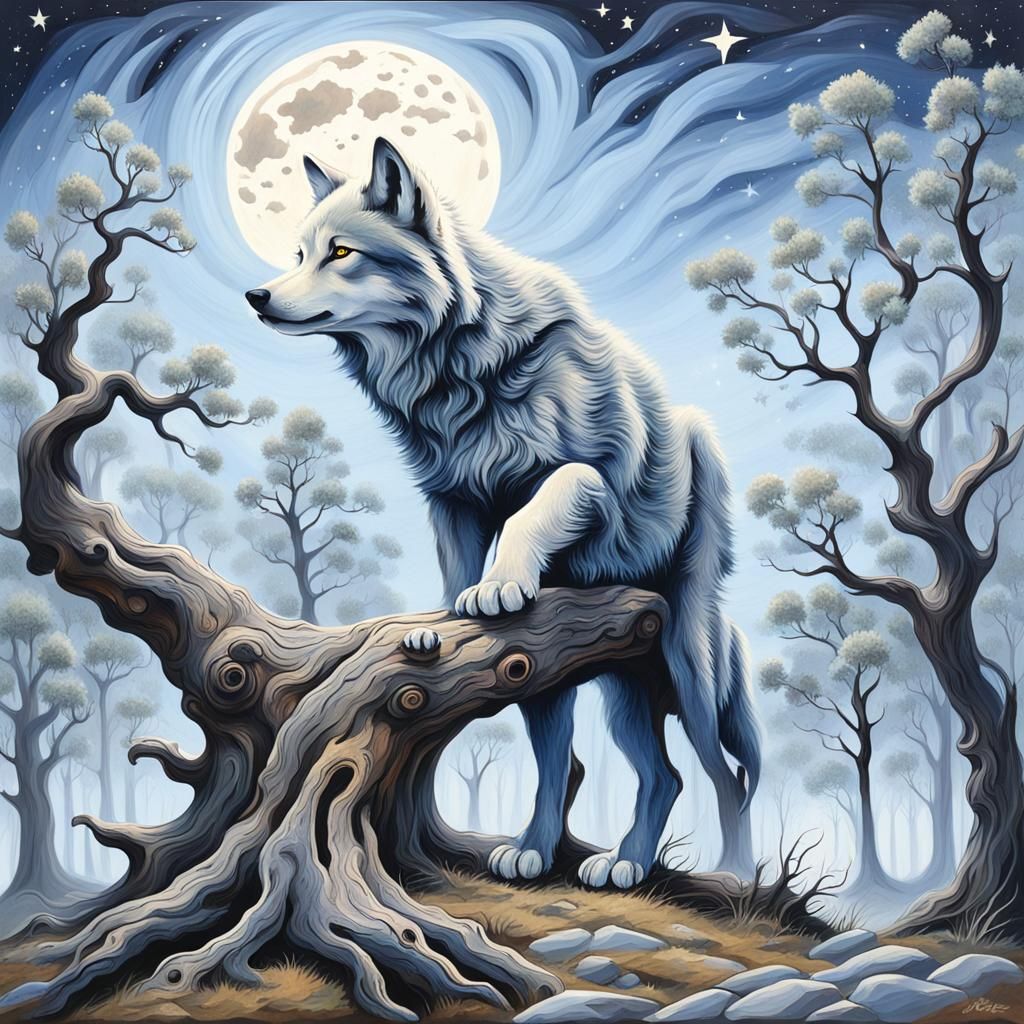 Starry Night Scene with Wolf Cub in Realism
