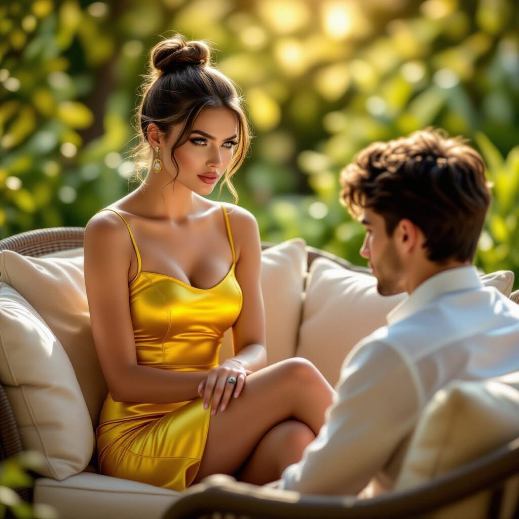 Photorealistic English Woman in Yellow Silk Mini Skirt in Ga...