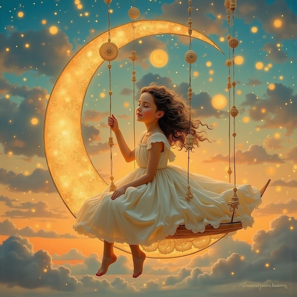 Girl on Moon Swing in Ethereal Sunset