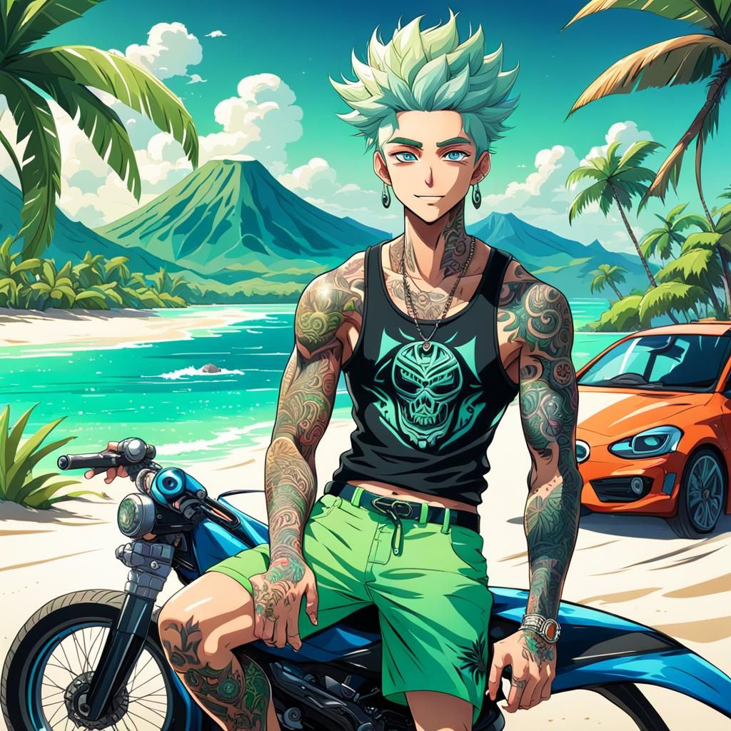 Anime Boy with Tattoos on Tropical Race Track