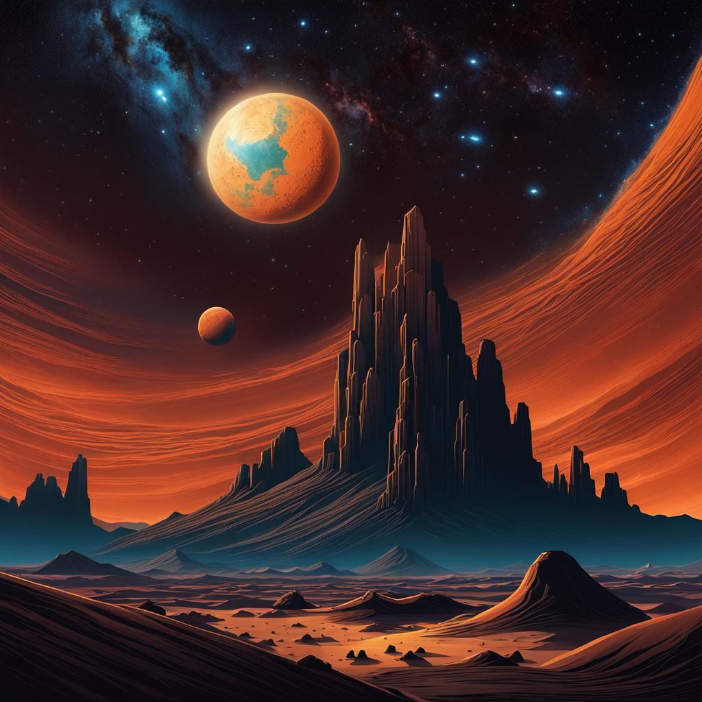 Martian Desert Landscape with Cosmic Geometric Shapes