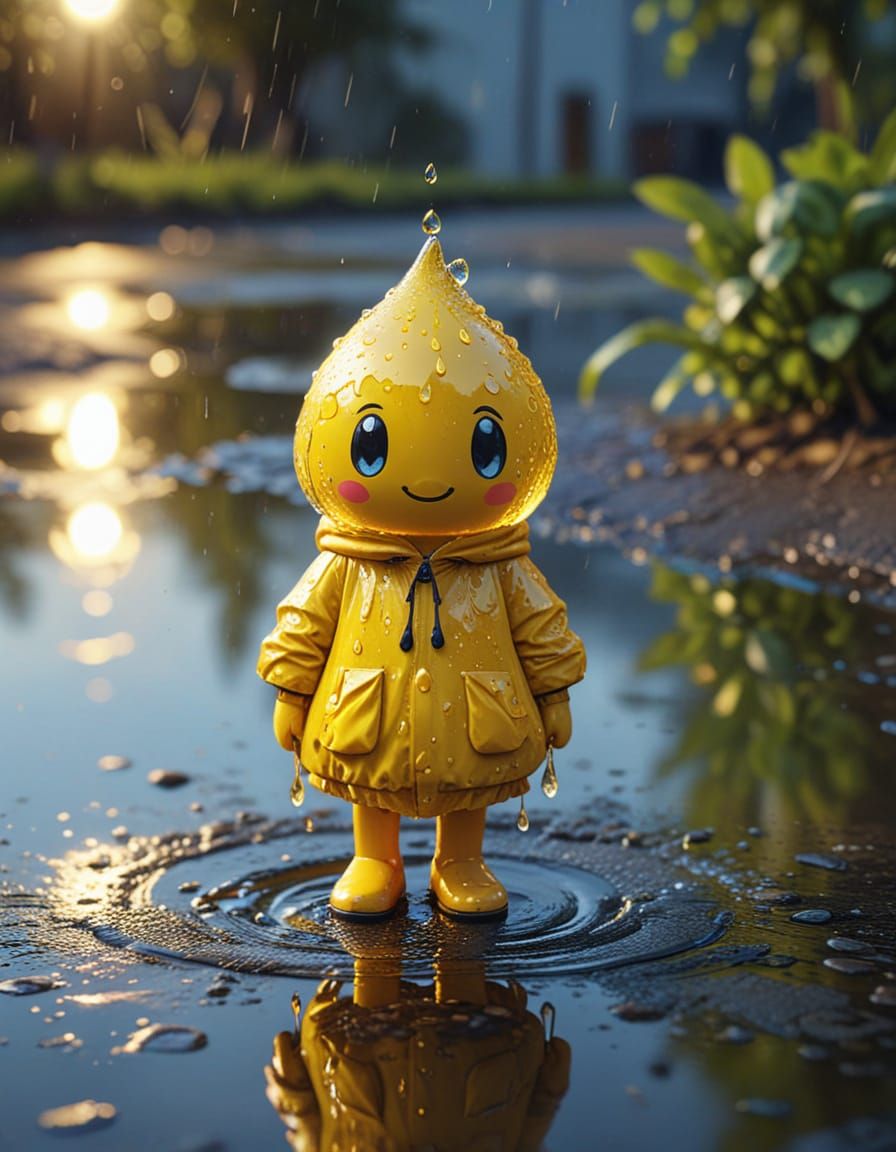 Anthropomorphic Raindrop in Puddle with Yellow Raincoat