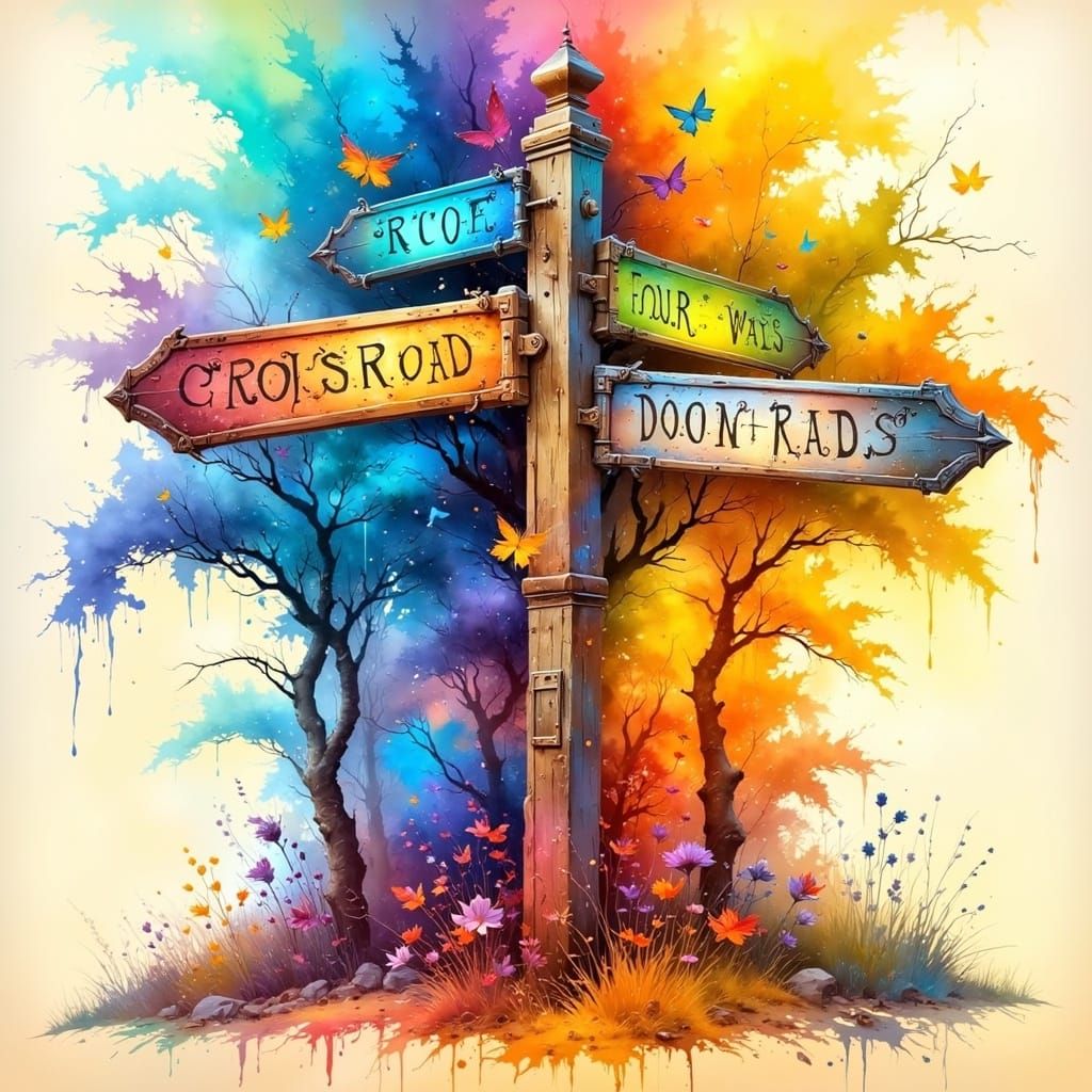 Whimsical Crossroads in Watercolor Fairytale Style