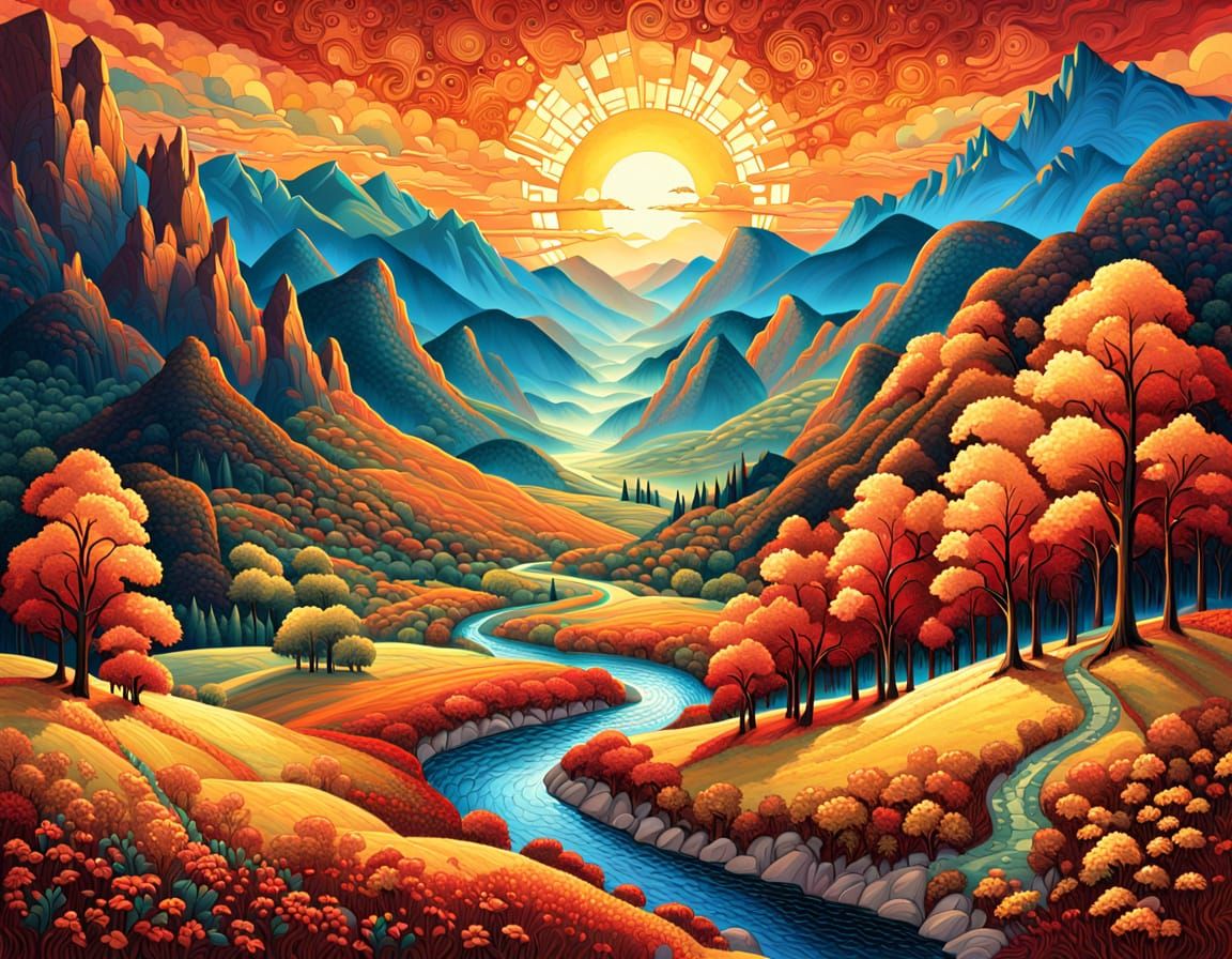 Enchanting Landscape: Copper Sun, Golden Sky, Vibrant Valley