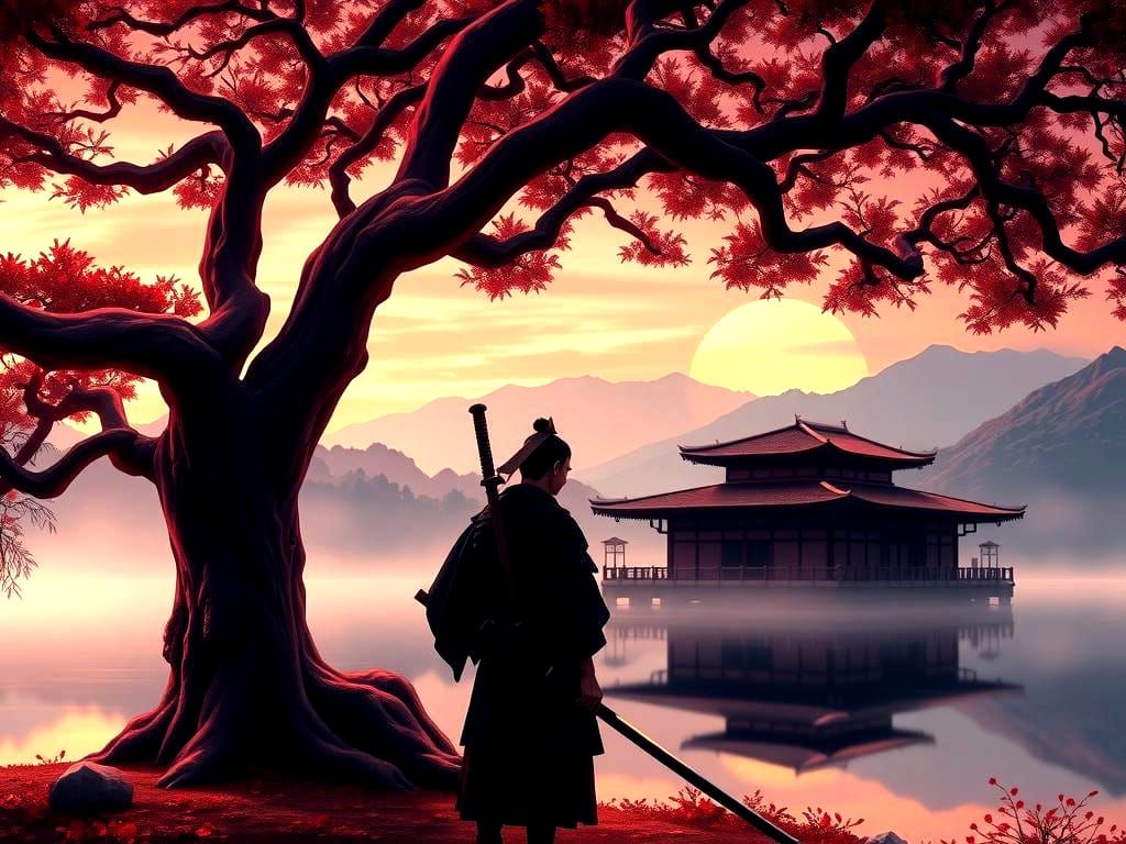 Lone Samurai Under Tree in Anime Style